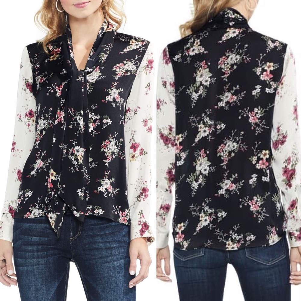 NWT VINCE CAMUTO Delicate Bouquet Floral Print Tie Neck Blouse Black Size Small